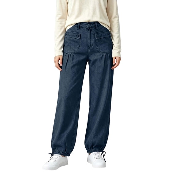 Luivaraty Jeans for Women Button Zip Waist Jeans Comfy Loose High Waist Drawstring Hem Pleated Pockets Denim Pants , S-XL