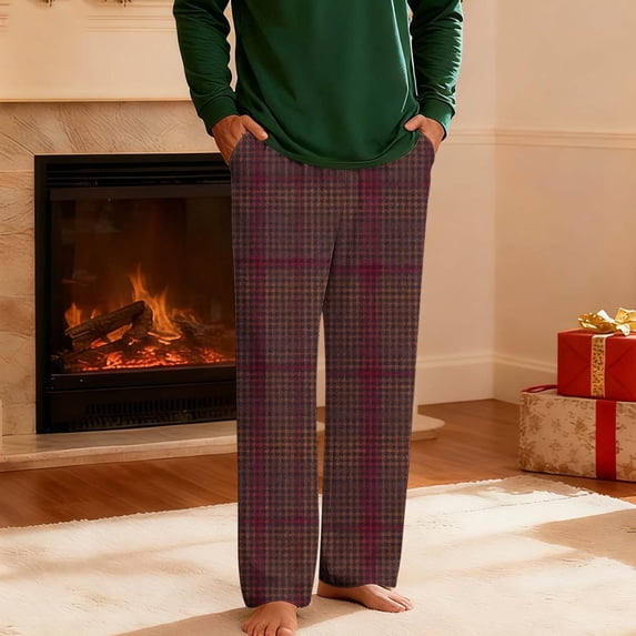 Luivaraty Pajama Pants for Mens Flannel Plaid Lounge Pants Casual Comfy Straight Leg High Drawstring Elastic Waist Pants, S-XL