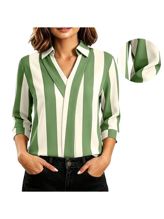 Shirts for Women Plus Size Striated Blouse Fashion Casual 3/4 Sleeves Laple V Neck Fall Tops, S-3XL