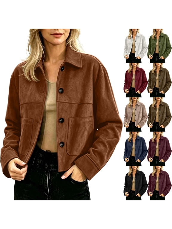 Suede Jacket Women Long Sleeve Bomber Jacket Fashion Trendy Laple Button Down Pockets Coat, S-2XL