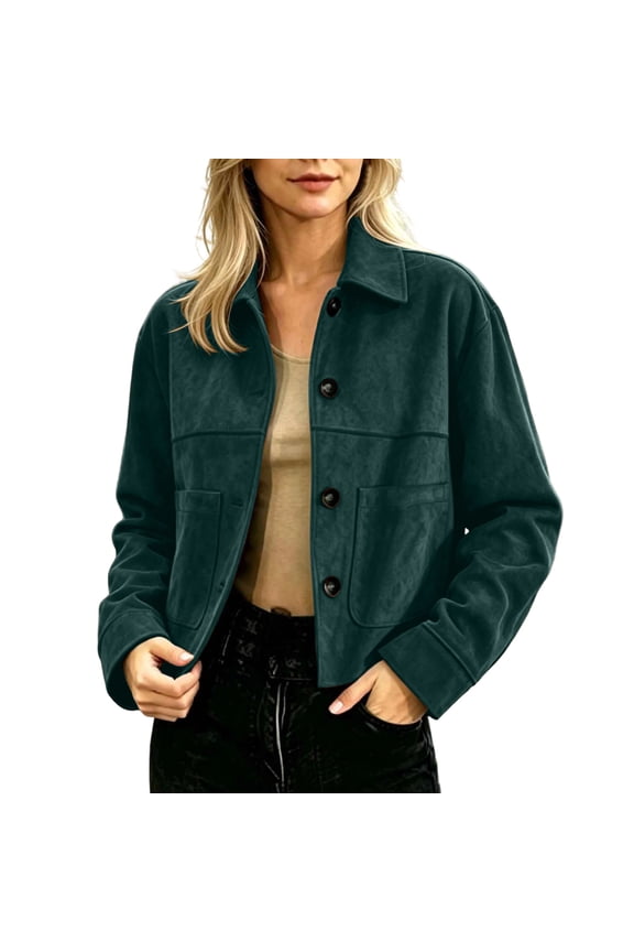 Suede Jacket Women Plus Size Laple Bomber Jacket Fashion Trendy Long Sleeve Button Up Outwear Jeckets, S-3XL