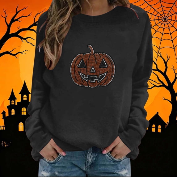 Luivaraty Sweatshirt for Women Crew Neck Fall Outfits Tops Casual Losse Long Sleeve Halloween Rhinestone Pumpkin Face Sweatshirt, S-2XL