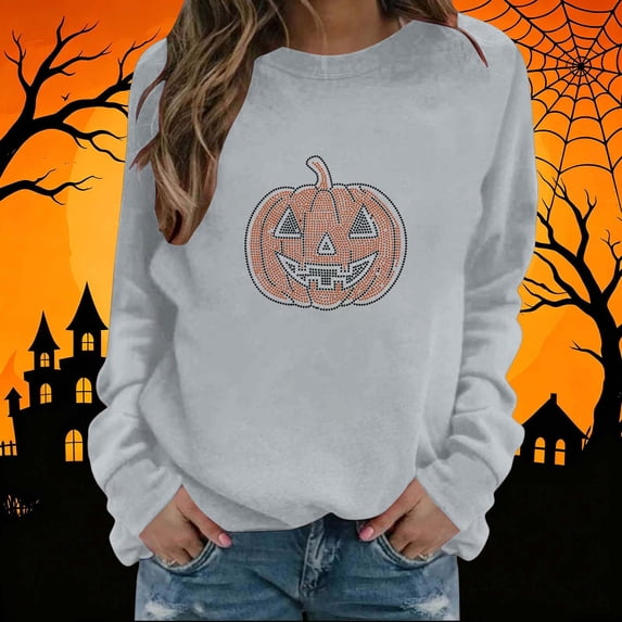 Luivaraty Sweatshirt for Women Crew Neck Fall Outfits Tops Casual Losse Long Sleeve Halloween Rhinestone Pumpkin Face Sweatshirt, S-2XL