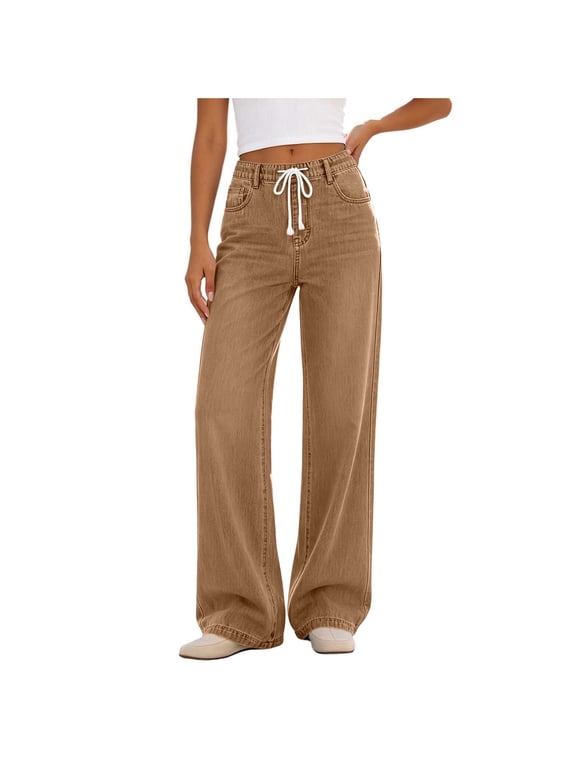 Womens Jeans Wide Leg Jeans Trendy Casual High Drawstring Elastic Waist Pants with Pocket, S-2XL