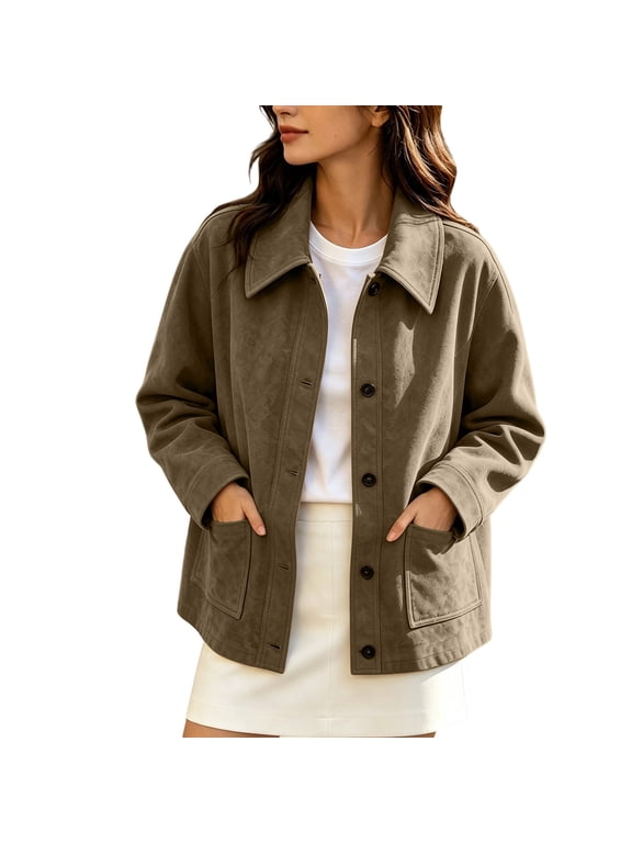 Womens Plus Size Suede Jacket Long Sleeve Bomber Jacket Fashion Trendy Laple Button Up Pockets Outwear Coat, S-3XL