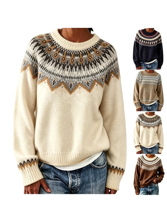 Womens Plus Size Sweaters Knitted Vintage Sweater Comfy Loose Crew Neck Fall Winter Pullovers, S-3XL