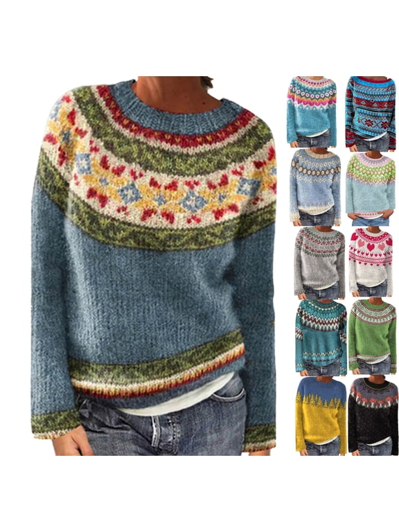 Womens Sweaters Chirstmas Vintage Pullovers Casual Loose Crew Neck Fall Winter Warm Knitted Sweater, S-2XL