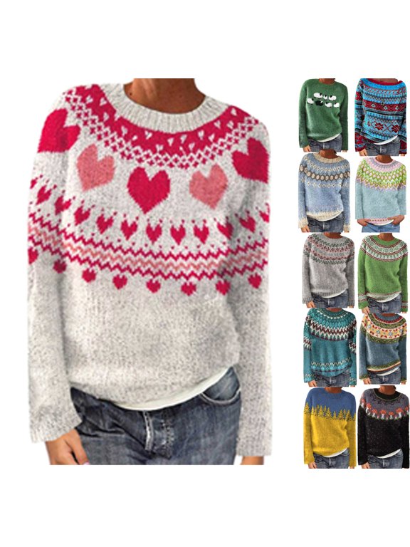 Womens Sweaters Chirstmas Vintage Pullovers Casual Loose Crew Neck Fall Winter Warm Knitted Sweater, S-2XL