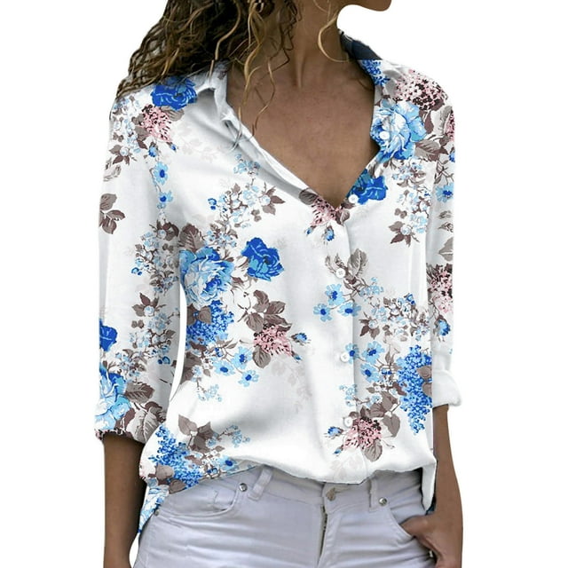 Luiyenes Women's Floral Printed Shirts Tops Long Sleeve Lapel Button
