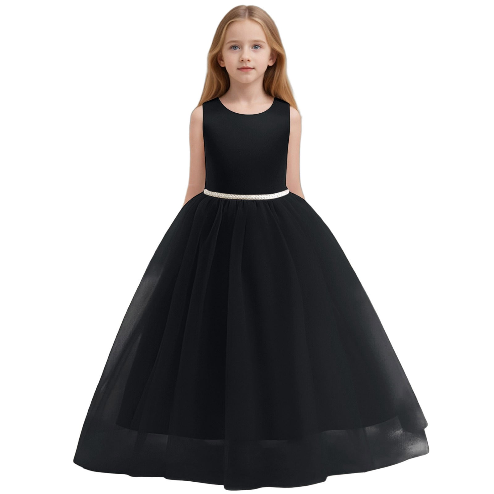 Lujianch Flower Girls Satin Pageant Dress for Wedding Kids Pearls Prom Gowns with Bow Knot Girls Formal Dresses Size 6-7 Years