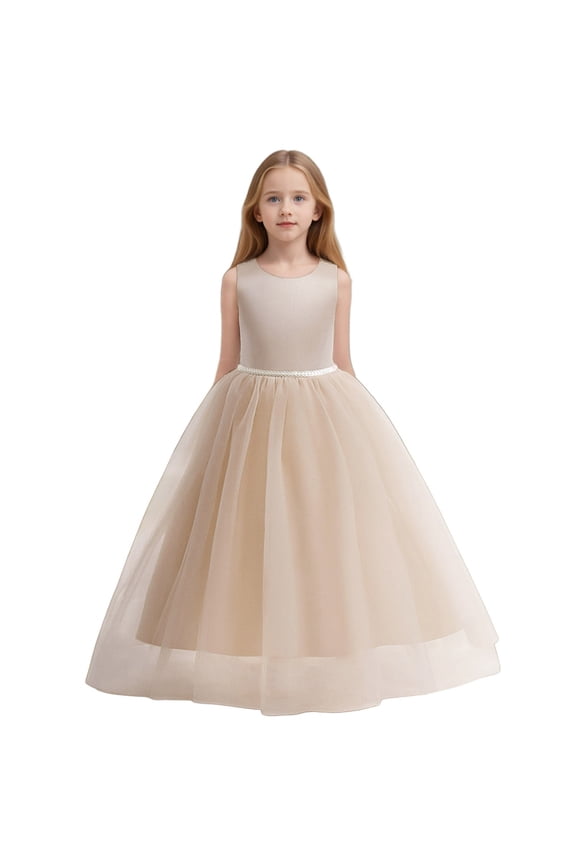 Flower Girls Satin Pageant Dress For Wedding Kids Pearls Prom Gowns With Bow Knot Girls Formal Dresses Size 9-10 Years