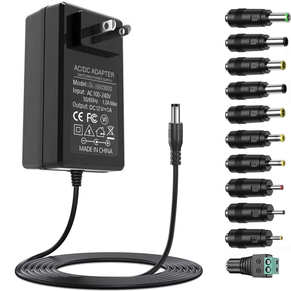 LujingZ 12V 3A Power Supply AC Adapter Charger with 11 Changeable DC Plug Tips AC120V to DC 12Volts 3A 2.5A 2A 1.5A 1A Power Adapter DC12V Switching Power Supply Cord Compatible with LED Strip Lights