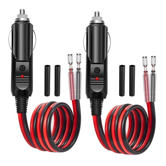 LujingZ 2 - Pack 12V/24V 16AWG Heavy - Duty Fused Male Cigarette Lighter Plug Adapter - w/ LED Light & Black Heat Shrink Tubing for Car