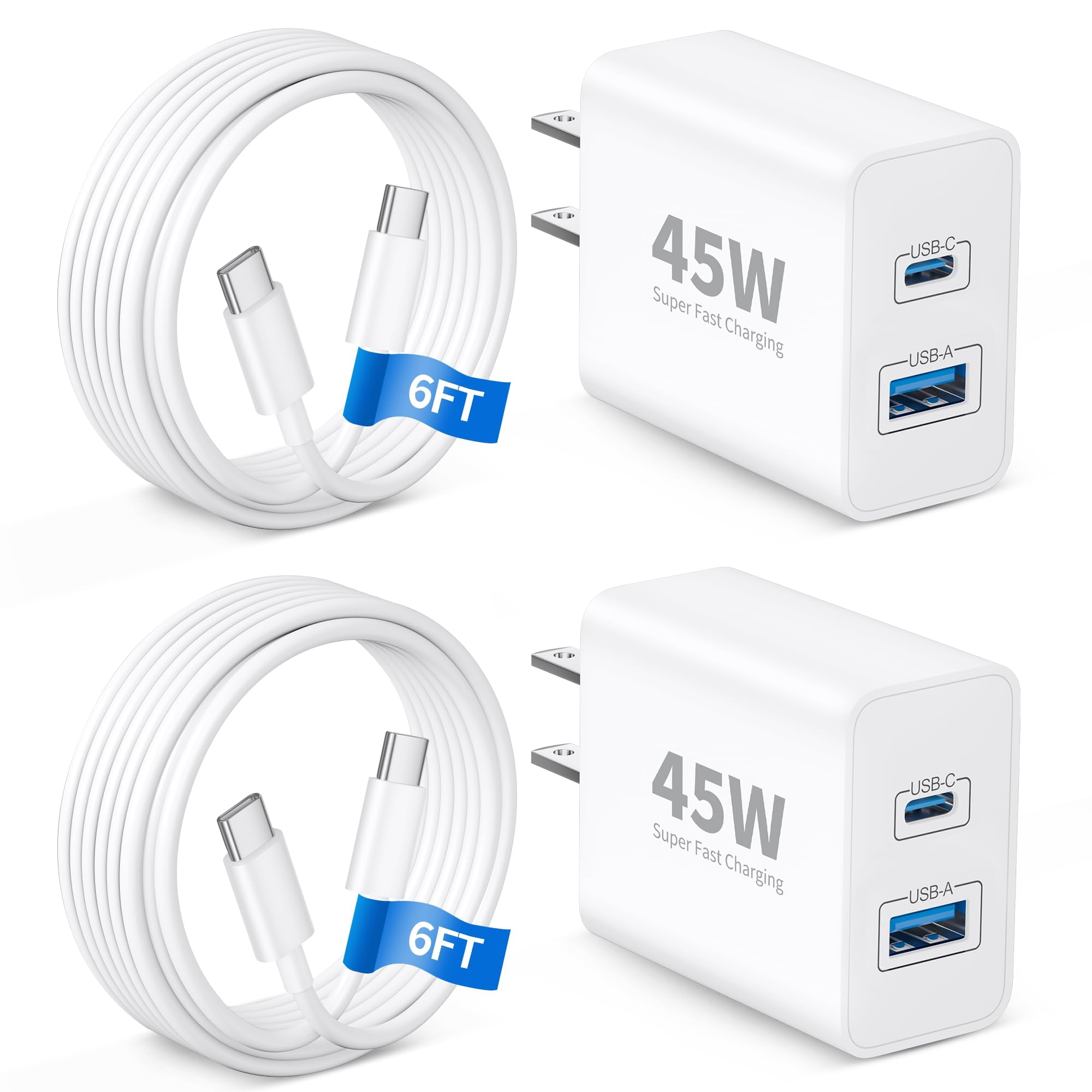 LujingZ 2 - Pack 45W Dual Port USB C Fast Wall Charger with 6FT Type C Cable, Fast Charging, Compatible with iPhone 17/17e/17 Pro Max/Air/16/16 Pro Max/15/15 Plus, iPad