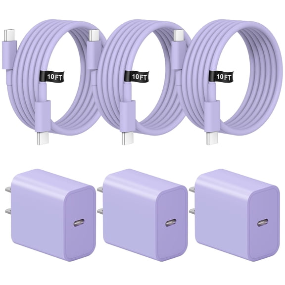 LujingZ 20W PD USB-C Charger 3Pack with 3x10FT Cable, Fast Charging Wall Block Compatible with iPhone 17 Air 16 15 Pro Max Plus iPad Pro MacBook Samsung Purple