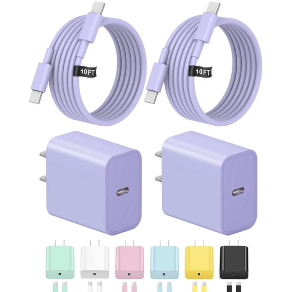 LujingZ 20W PD USB-C Fast Charger 2Pack with 2x10FT Cable, Wall Charge Block Compatible with iPhone 17 16 15 Pro Max Plus iPad Pro Air MacBook Purple
