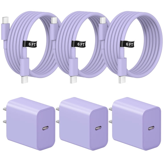 LujingZ 20W USB-C Charger 3Pack with 3x6FT Cable, PD Fast Charging Wall Block Compatible with iPhone 17 Air 16 15 Pro Max Plus iPad Pro MacBook Samsung Purple