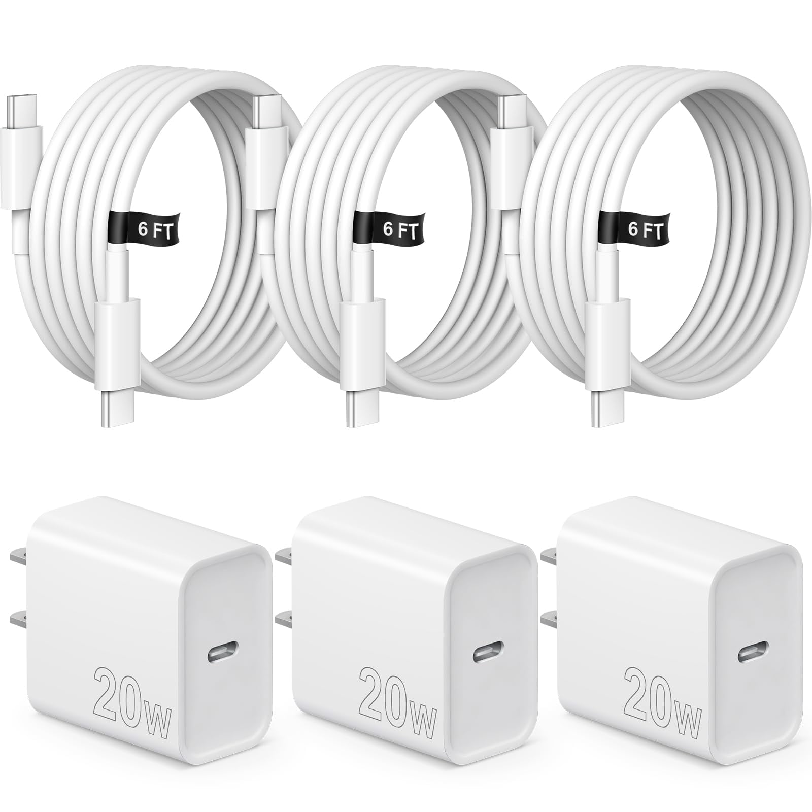 LujingZ 3 - Pack Fast Charging USB - C Wall Charger with 6FT Cord - Compatible with iPhone 17/16/15 Series
