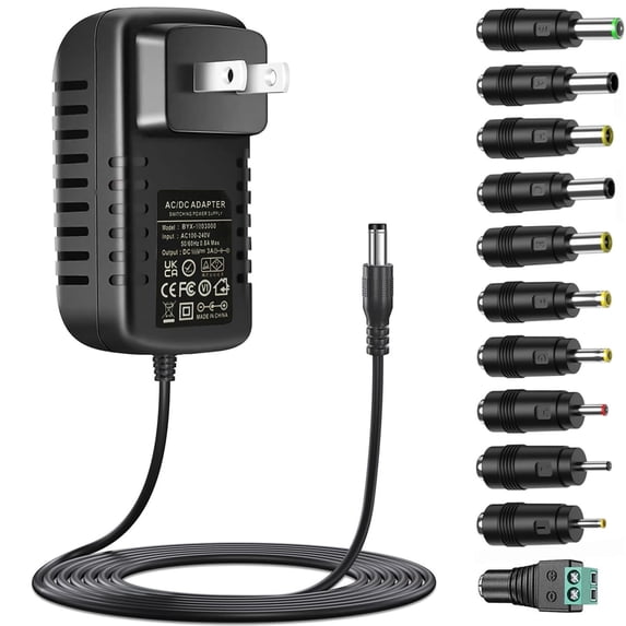 LujingZ Universal DC 15V 3A 45W Power Supply Adapter with 11 DC Tips, AC 100-240V to DC 15 Volt 3Amp Switching Converter, Compatible with Monitor Speaker Camera Router GPS Devices, 5Ft Cord