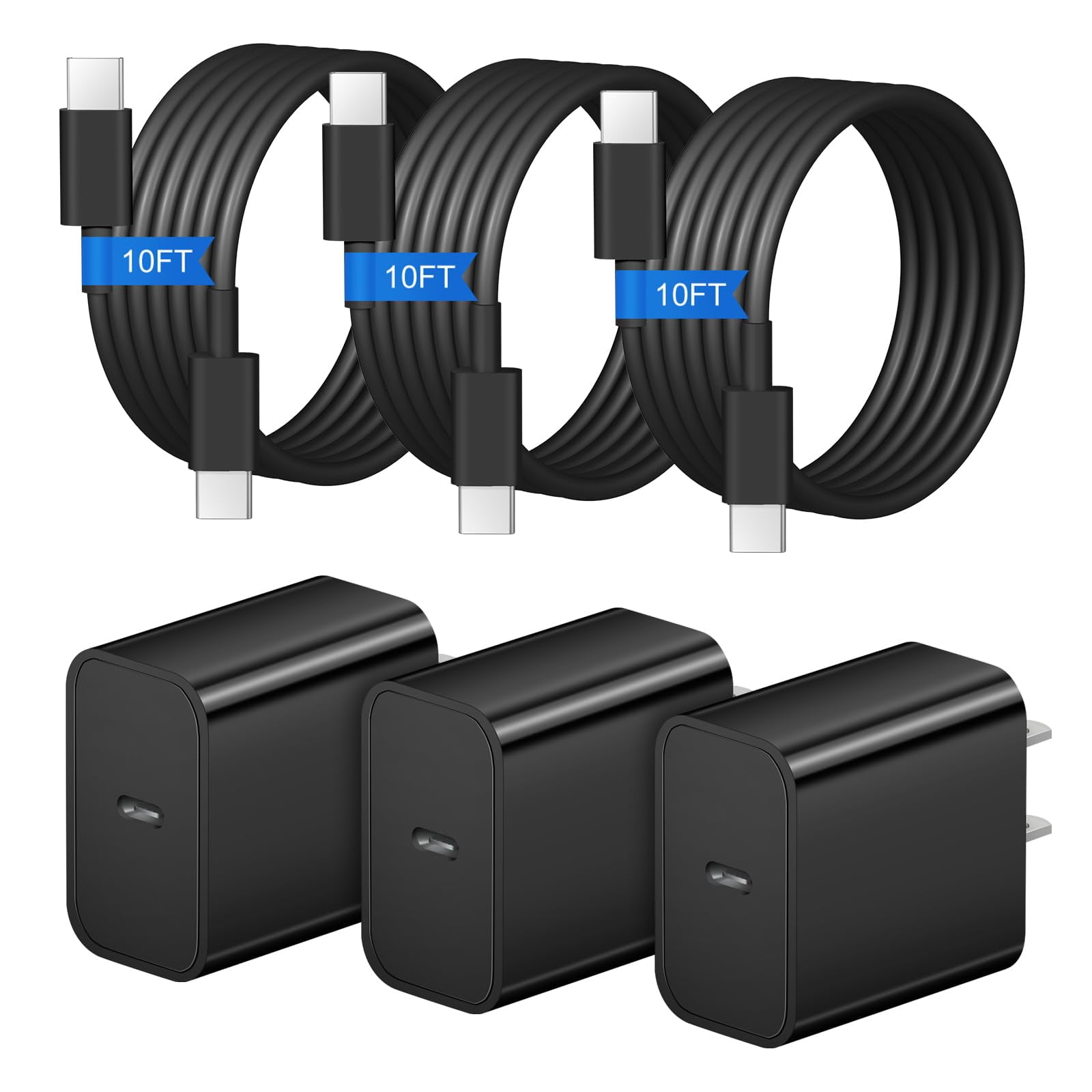 LujingZ iPhone 17 16 15 20W USB-C Fast Charger 3-Pack with 3x 10FT Cables Compatible with iPhone 17 Air, Pro Max, 16, 15 Series, iPad Pro, AirPods Black