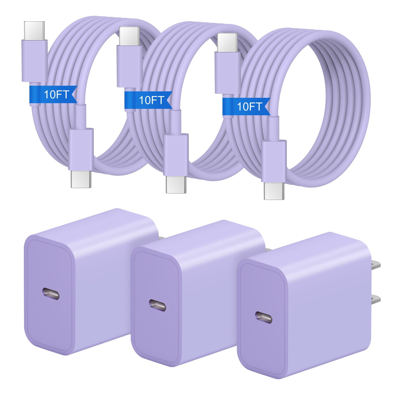 LujingZ iPhone 17 16 15 20W USB-C Fast Charger 3-Pack with 3x 10FT Cables Compatible with iPhone 17 Pro Max, Air, 16, 15 Pro Series, iPad Pro, AirPods Purple