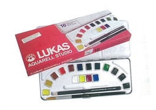 Lukas Aquarell Artist Studio Watercolor Paint Set - Professional, Includes a Travel Friendly Outdoor Painting Case, HB Pencil, Water Color Paint Brush and Color Mixing Palette - 16 Brilliant Colors