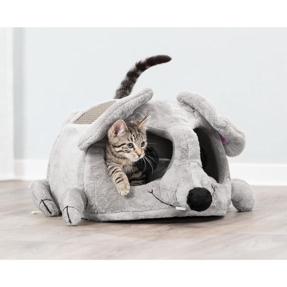 Lukas Cuddly Cave, Plush Mouse Character Cat Condo, Sisal Cat Scratcher, Crinkle Fabric, Padded Bed, Gray