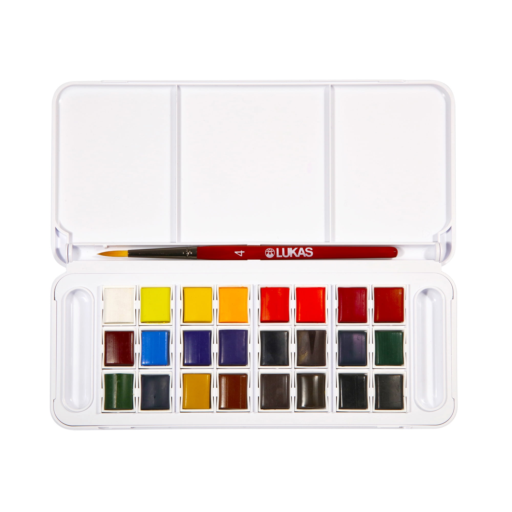 Lukas Studio Watercolor Set of 24 Half-Pan Colors, Travel Watercolor Set Includes Color Mixing Palette and Brush