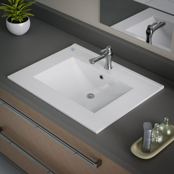 Luke Drop-in Self-Rimming Rectangular Bathroom Sink in White w/Overflow Luke Square Drop-In Bathroom Sink White | Renovators Supply