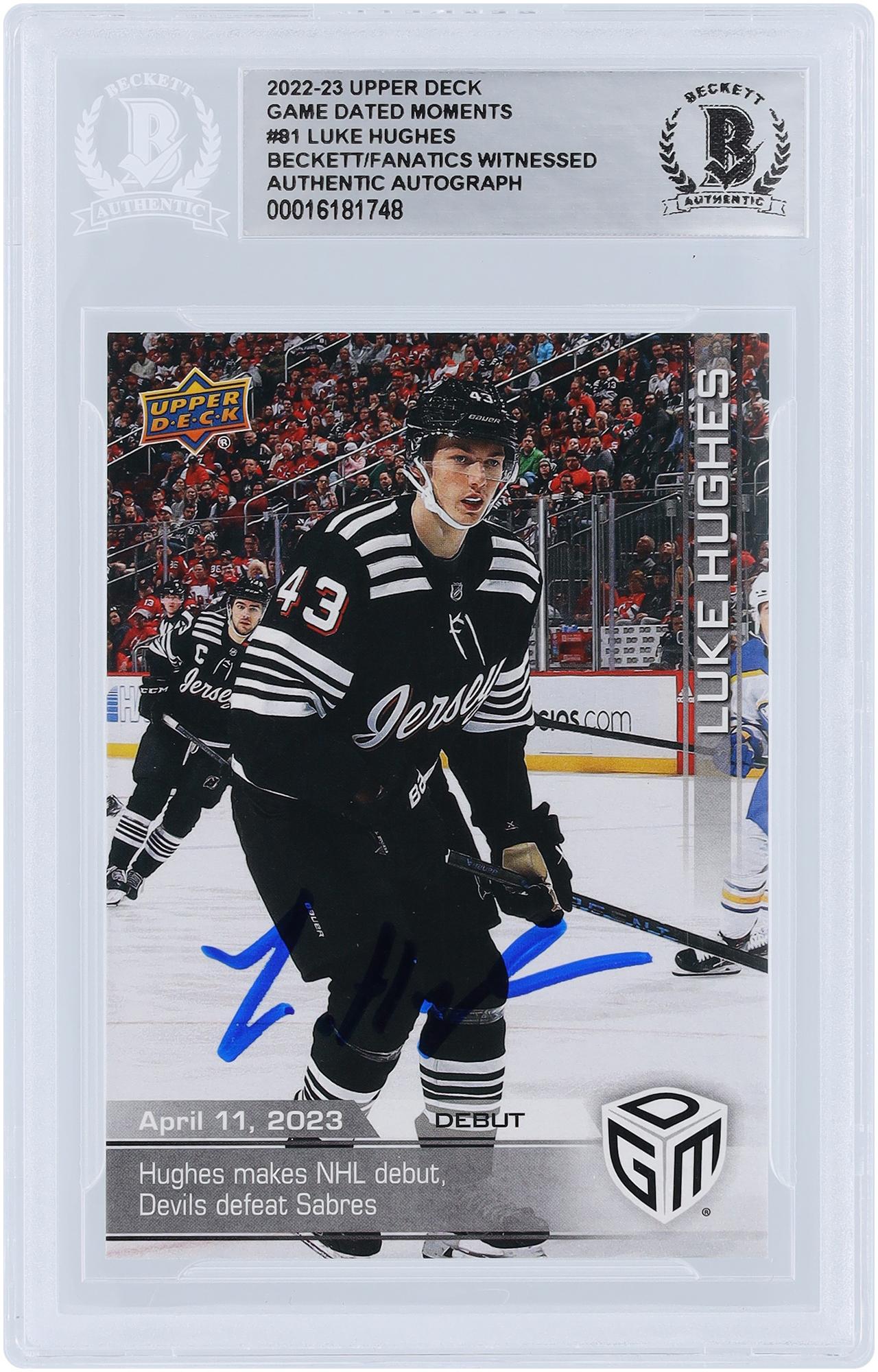 Luke Hughes New Jersey Devils Autographed 2022-23 Upper Deck Game Dated Moments NHL Debut #81 Beckett Fanatics Witnessed Authenticated Rookie Card - Fanatics Authentic Certified