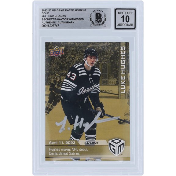 Luke Hughes New Jersey Devils Autographed 2022-23 Upper Deck Game Dated Moments NHL Debut Gold #81 #/100 Beckett Fanatics Witnessed Authenticated 10 Rookie Card - Fanatics Authentic Certified