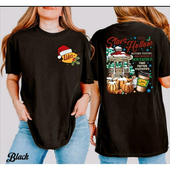 Luke's Stars Hollow Christmas Shirt, Luke's Diner Christmas Outfit Santa Hat, Luke's Coffee Tee,Black Color,Size XL