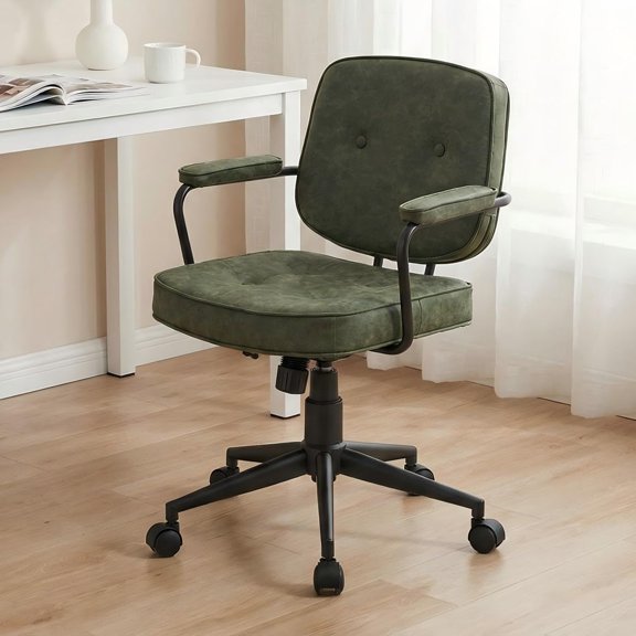LukeAlon Adjustable Pu Leather Tiltable Office Chair, Comfy 360°Swivel Task Chair with Armrest Modern Thickened Seat Desk Chair with Button Tufted for Home Office, Green