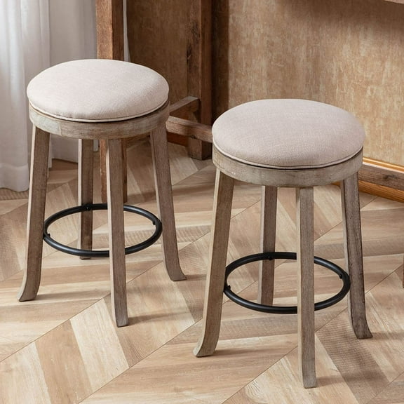LukeAlon Farmhouse Linen Fabric Round Bar Stools Set of 2, 360° Swivel 25.6” Counter Height Stools with Solid Wood Legs Backless Low Barstools with Footrest for Home Bar Kitchen Island, Beige