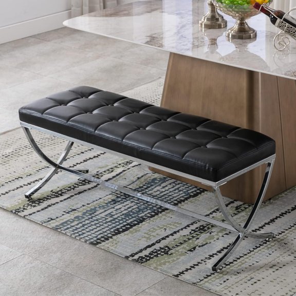 LukeAlon Modern PU Leather Dining Bench, Button Tufted Ottoman Bench with X-Shape Chrome Finish Upholstered End of Bed Bench Comfy Entryway Bench for Bedroom Kitchen, Black