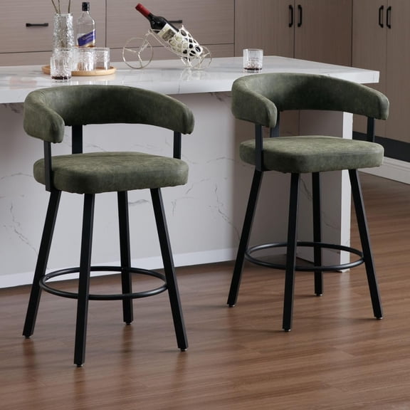 Hanyu PU Leather Bar Stools Set of 2, 25.5" Counter Height Bar Stool with Padded Open Backrest Modern Upholstered Low Barstools with Metal Legs Simple Bar Chairs for Kitchen Island Home Bar, Green