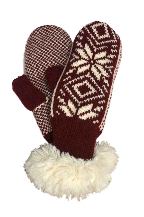 Rust Red Snowflake Print Knit & Faux Fur Mittens