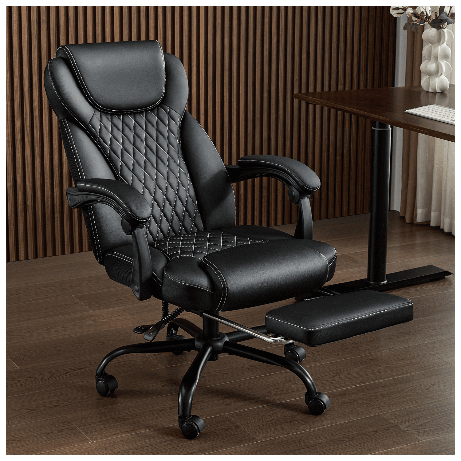 TMV 10-Position Adjustable Office Chair, Reclining Work Chair with Lumbar Support with Desk Foot Rest，Black
