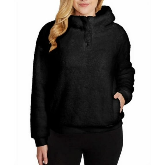 Lukka Lux Faux Fur Fleece funnel Neck Hoodie Pullover Black (Medium)