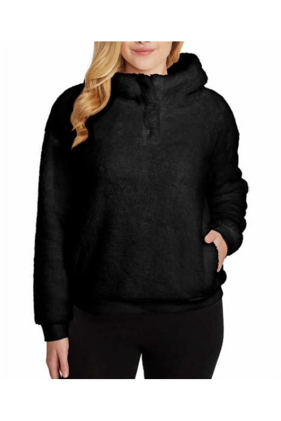 Faux Fur Fleece funnel Neck Hoodie Pullover Black (Medium)