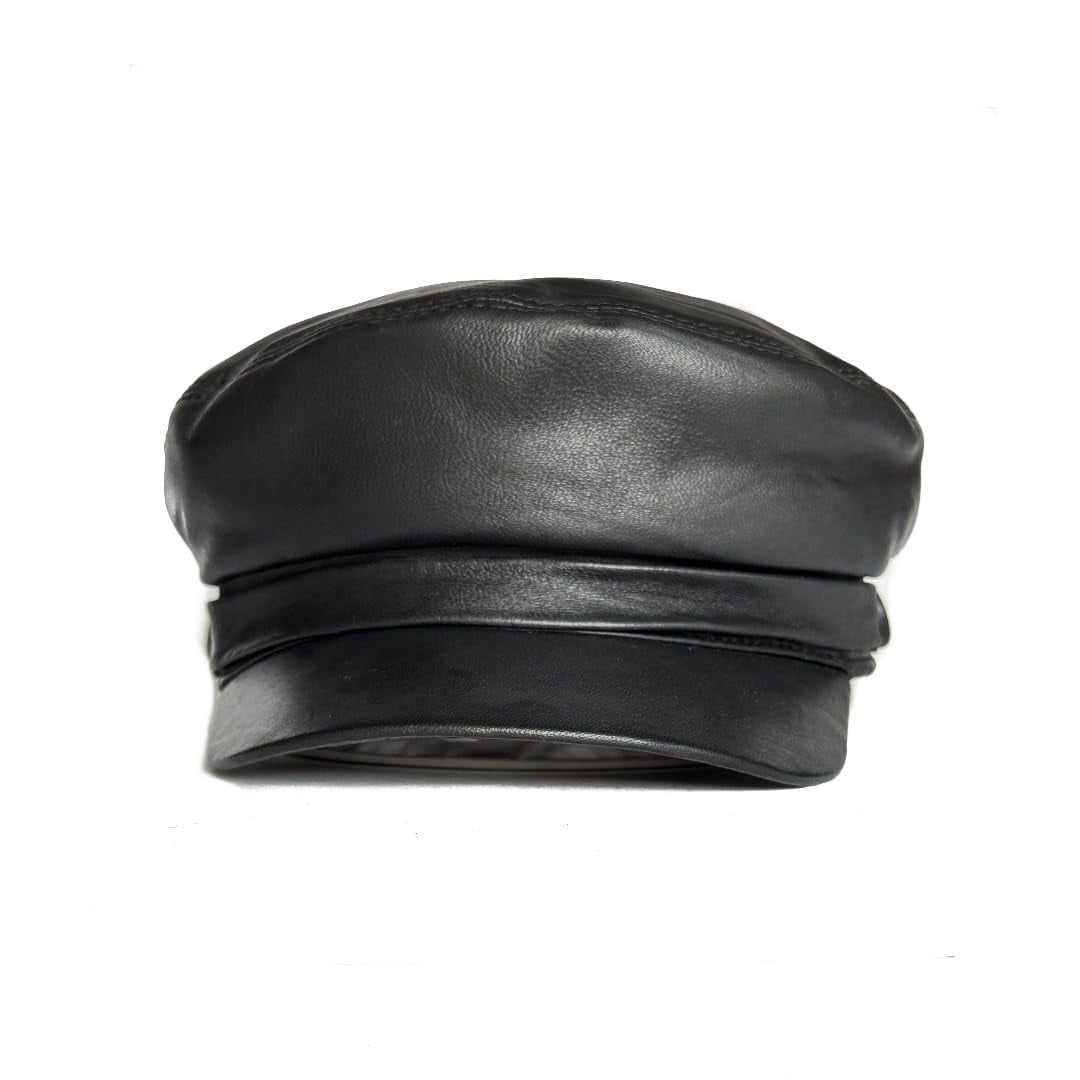 Lukkizara Women's Leather Newsboy Cap Cabbie Beret Real Leather Flat Hat Vitage Style Ascot Hat (US, Alpha, Large, Black)