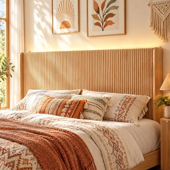 Lukstr 64.6" Queen Size Headboard with Charging Stations & LED Lights, Wall Mounted Boho Wood Headboard for Queen Size Beds (Headboard Only)