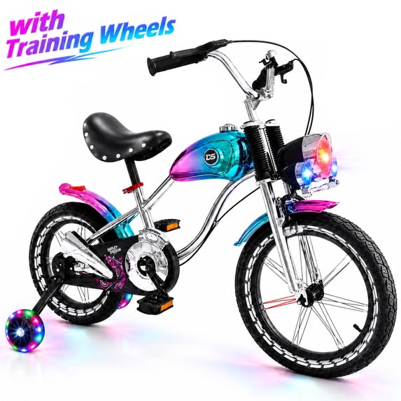 Lukstr Kids Bike for Girls, 16" Cool Motorcycle-style Bike for Kids Ages 4-6, Bicycles with Training Wheels, Bell, Music Lights, Electroplated Finish