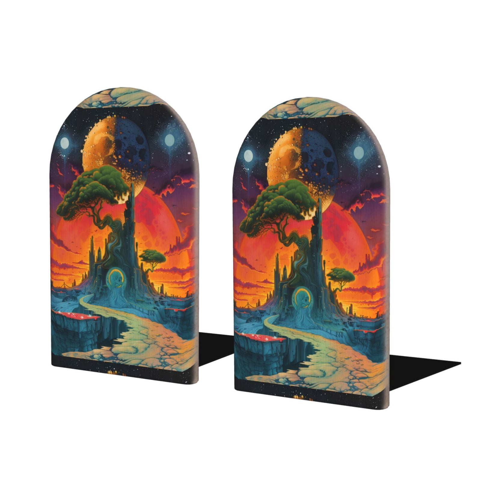 Lukts Abstract Tree Castle Print Wood Bookends,Non-Skid Bookend for ...