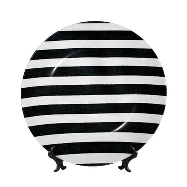Lukts Black And White Stripes for Bone China Decorative Plates, Ceramic Plates, Dinner Plates with Display Stand, Artistic Ceramic Decorations Suitable for Home and Office-6in