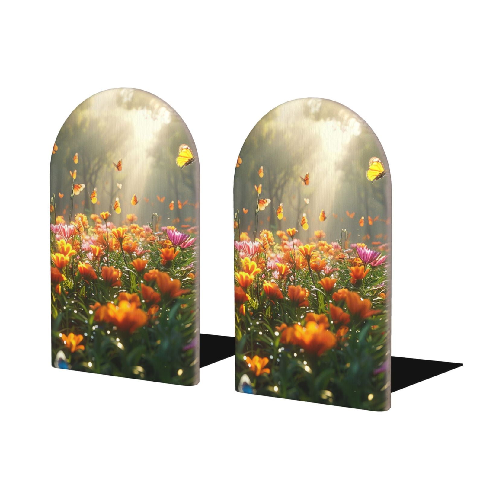 Lukts Butterflies In Flower Field Print Wood Bookends,NonSkid Bookend