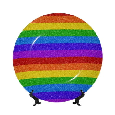 Lukts Colorful Glitter Rainbow for Bone China Decorative Plates, Ceramic Plates, Dinner Plates with Display Stand, Artistic Ceramic Decorations Suitable for Home and Office-6in