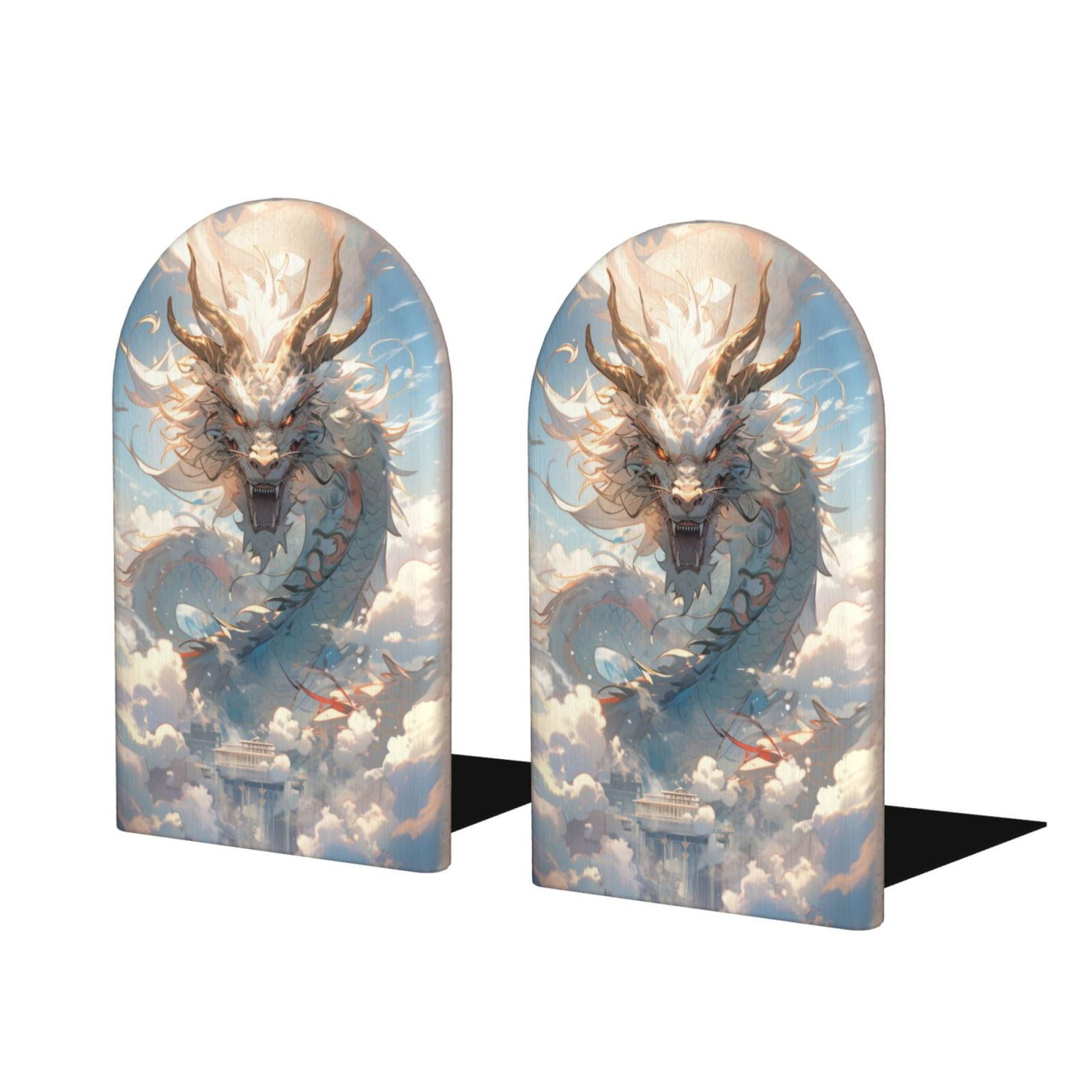 Lukts Cool Cloud White Dragon Print Wood Bookends,Non-Skid Bookend for ...
