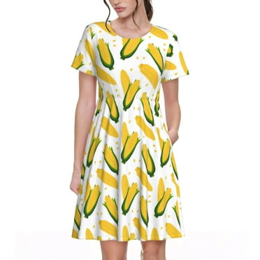 Lukts Corn On The Cob for Women's Short-sleeved Dress, Round Neck Pullover Slim T-shirt Knee-length Dress, Suitable for Daily Leisure and Office