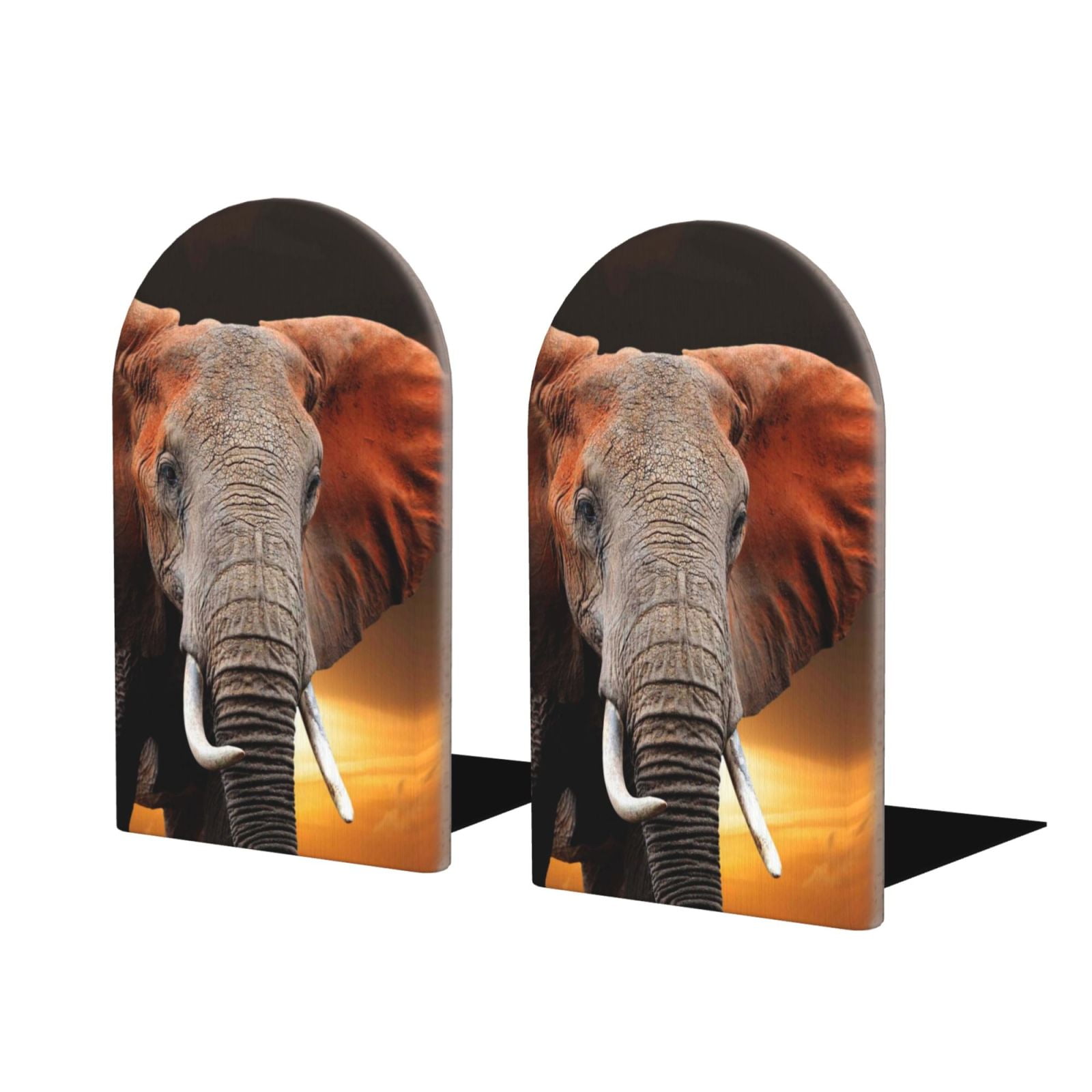 Lukts Elephant Sunset in Kenya Print Wood Bookends,NonSkid Bookend for